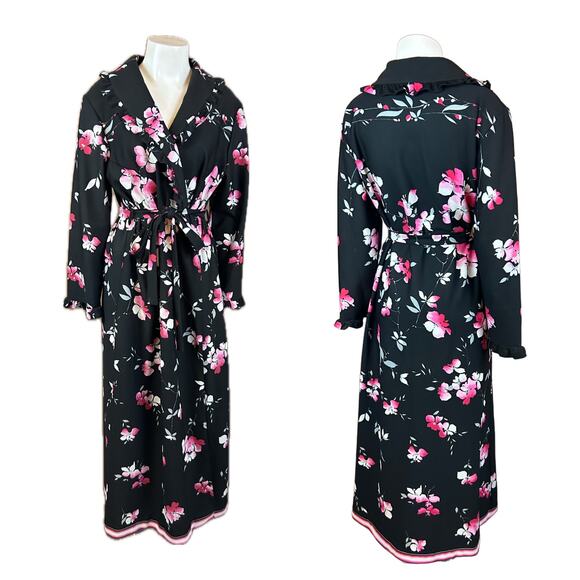 1970s Black Pink Floral Ruffled Maxi Wrap Dress / Large * - Picture 3 of 4